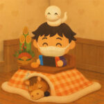 炬燵に入ってゲームをしている女性のイラスト